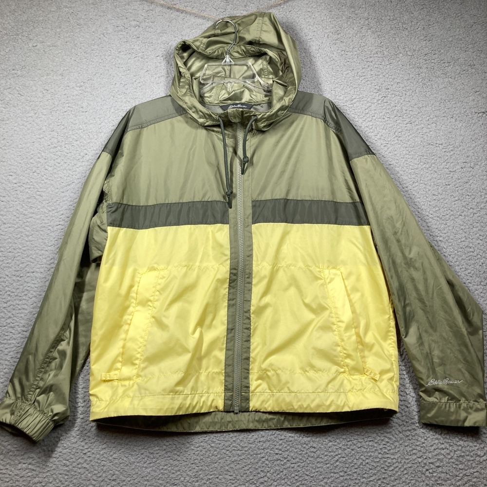 Eddie Bauer Jacket Men's Medium Yellow Olive Green Windbreaker Full Zip Hooded